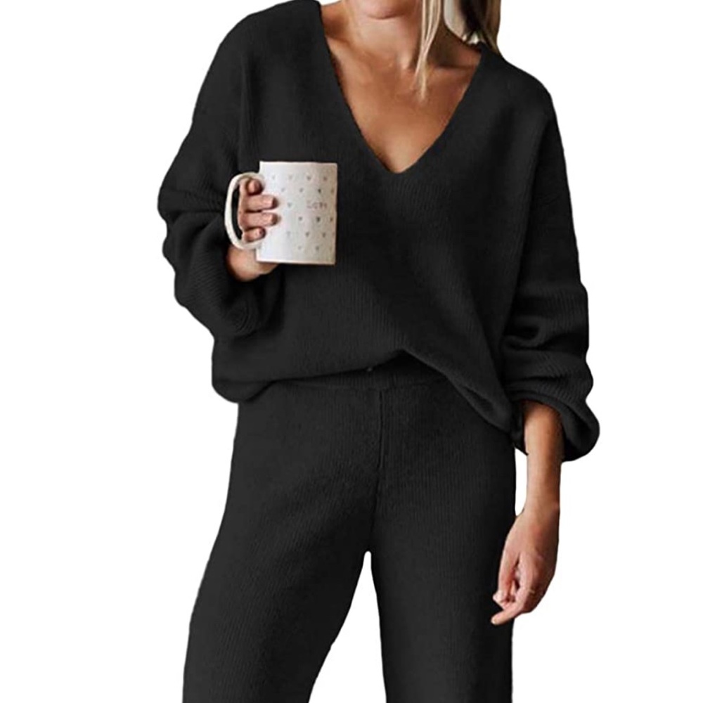 Women's 2 Piece Casual V Neck Knit Wide Leg Sweater Lounge Set Sweatsuit